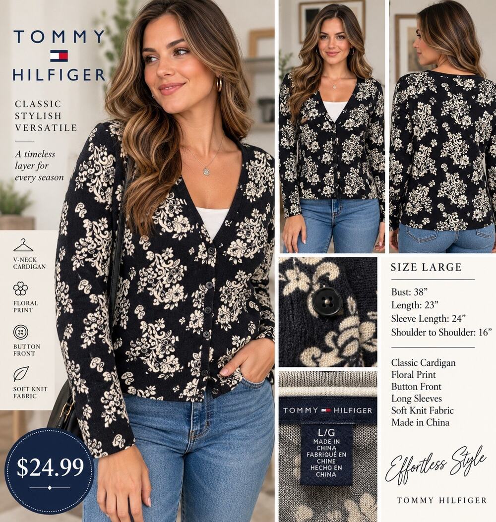 Tommy Hilfiger Women’s L Black Cream Floral Cardigan V Neck Button Sweater EUC
